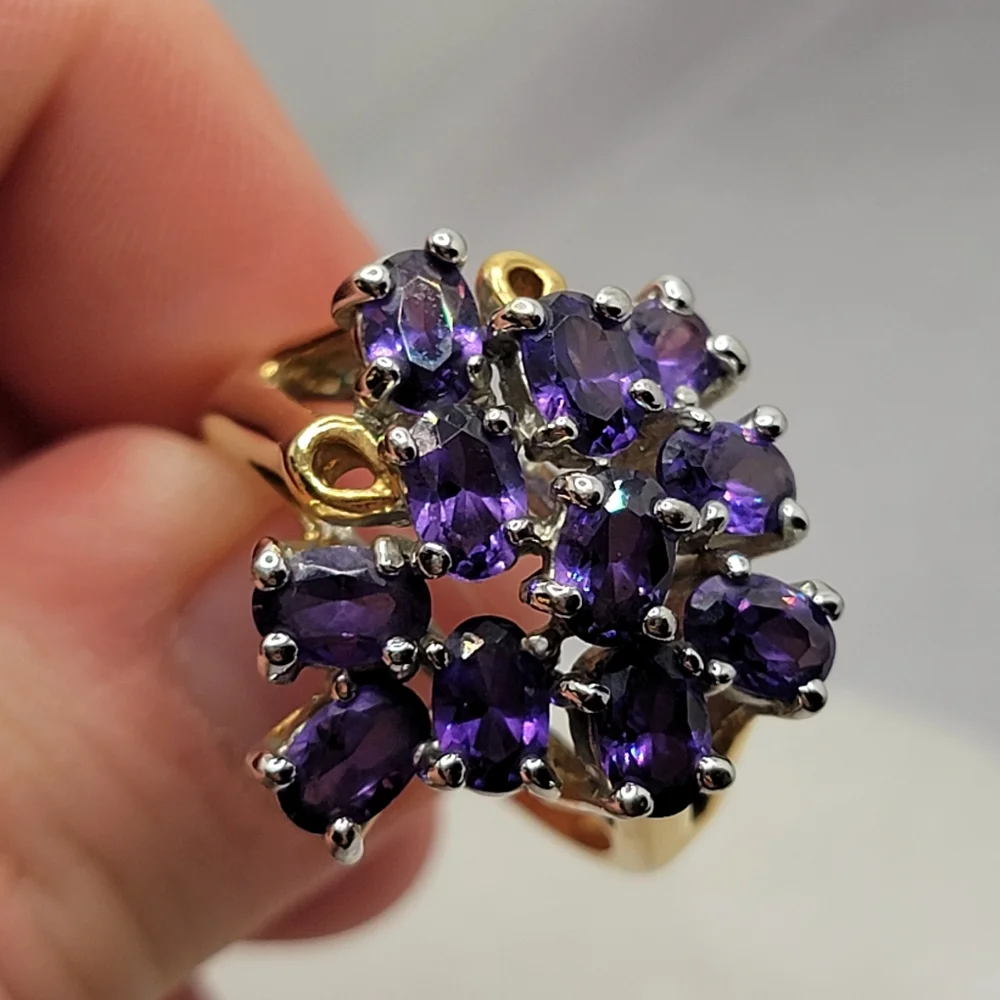 Vintage Gemstone Cluster Cocktail Ring  Amethyst Gold Tone